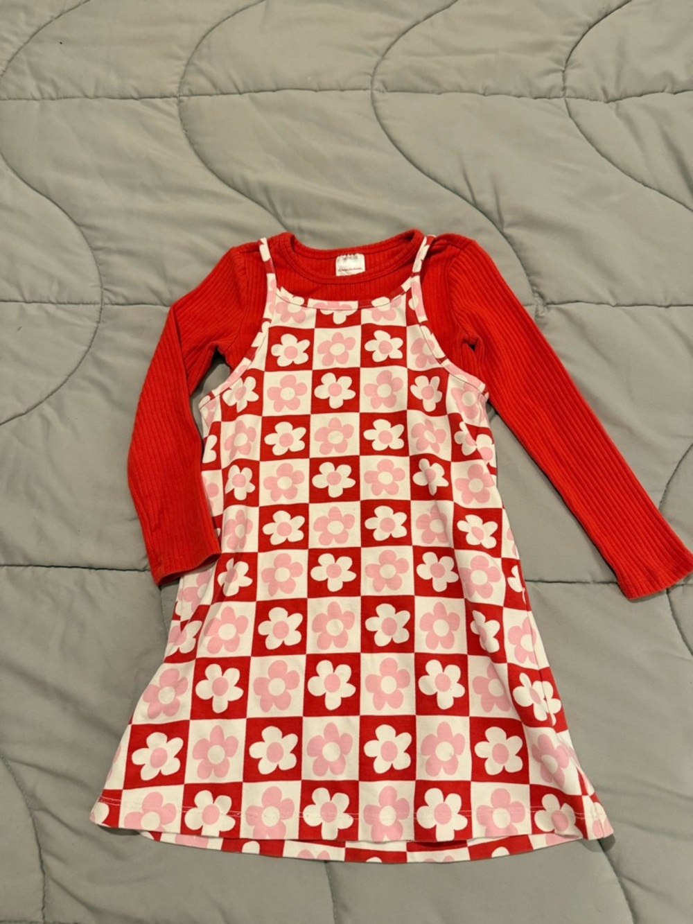 Hanna Andersson Red & Pink Floral Check Strap Dress with Red Ribbed Long Sleeve